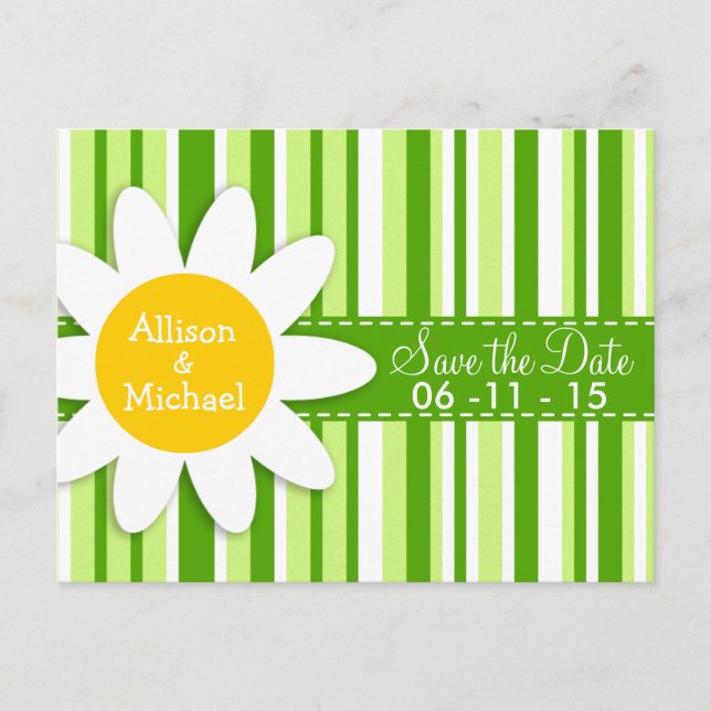 Green Stripes; Striped; Daisy Announcement Postcard (Front)