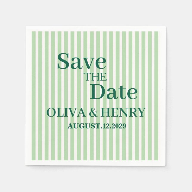 GREEN STRIPES STYLISH SIMPLE SCRIPT SAVE THE DATE NAPKIN (Front)