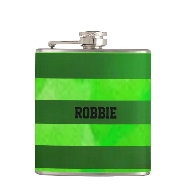 Green stripes textured pattern hip flask (Front)