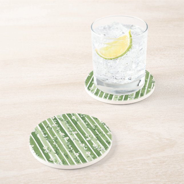 Green Stripes White Flowers Coaster (Side)