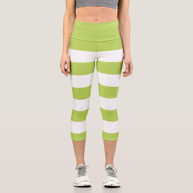 Green Stripes, White Stripes, Striped Pattern Capri Leggings (Front)