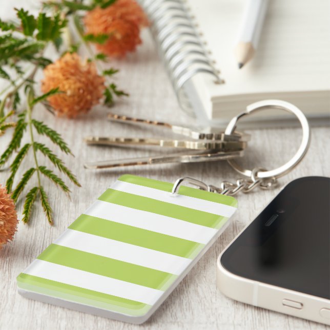 Green Stripes, White Stripes, Striped Pattern Key Ring (Front Right)