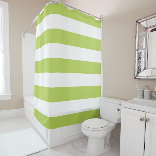 Green Stripes, White Stripes, Striped Pattern Shower Curtain (In Situ)