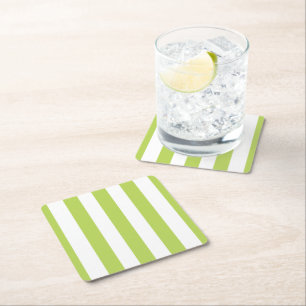 Green Stripes, White Stripes, Striped Pattern Square Paper Coaster