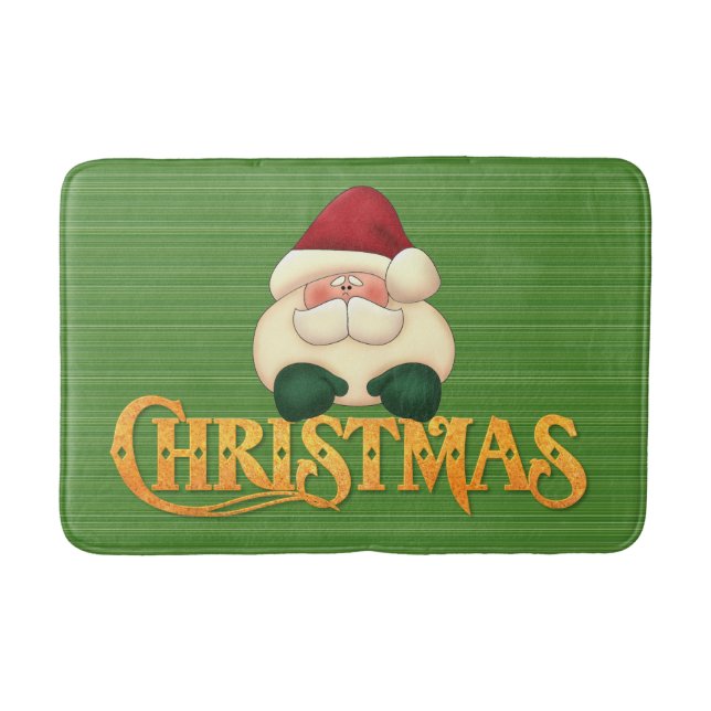 Green Stripes with Gold Christmas and Santa Bath Mat (Front)