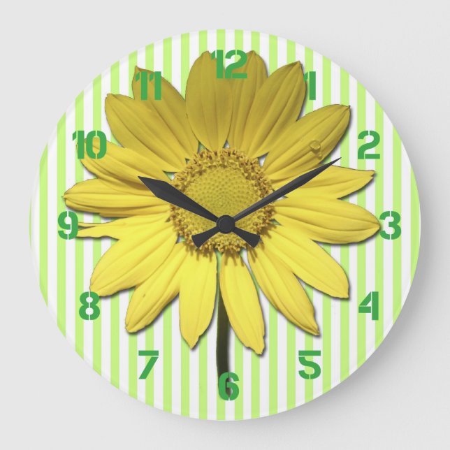 Green Stripes Yellow Daisy Wall Clock (Front)