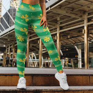 Green Striples Pattern With Golden Clovers Patrick Leggings