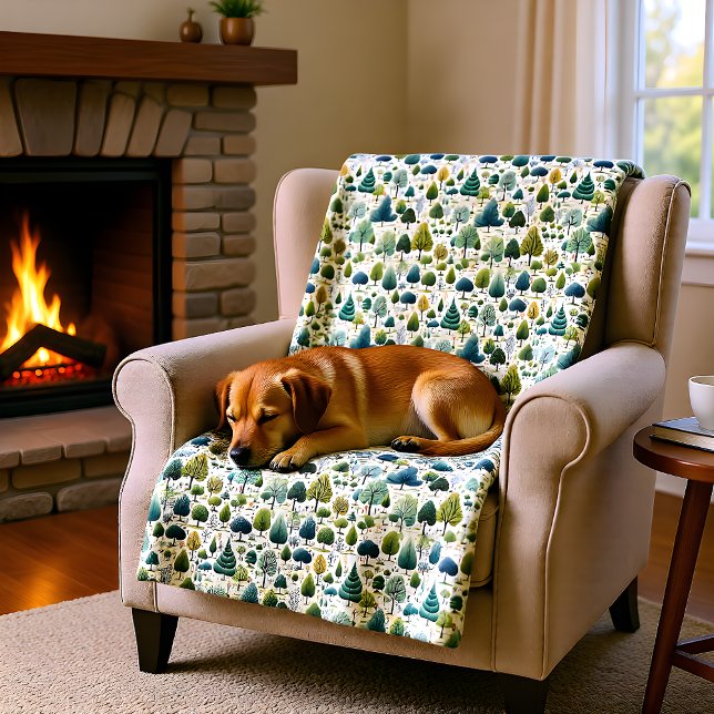 Green Stylised Trees Botanical Print Illustration Fleece Blanket (Creator Uploaded)