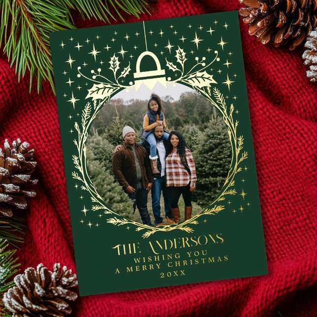 Green Stylish Christmas Foliage Ornament Photo  Foil Holiday Card (Creator Uploaded)