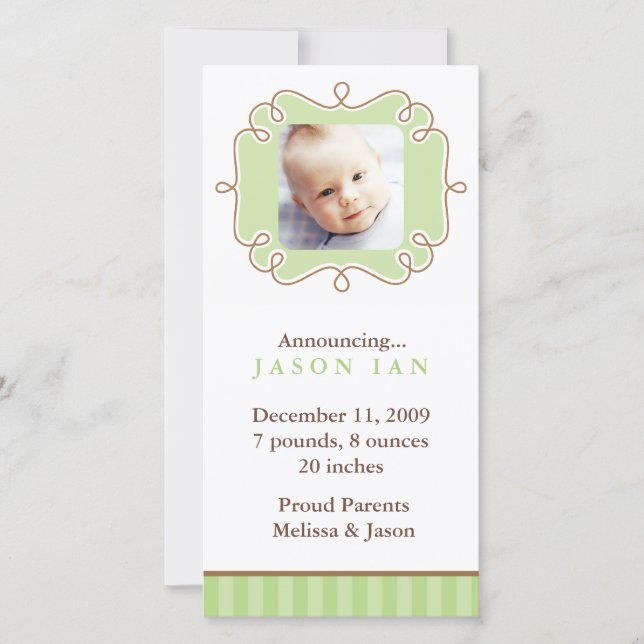 Green Stylish Frame Photo Birth Announcements (Front)