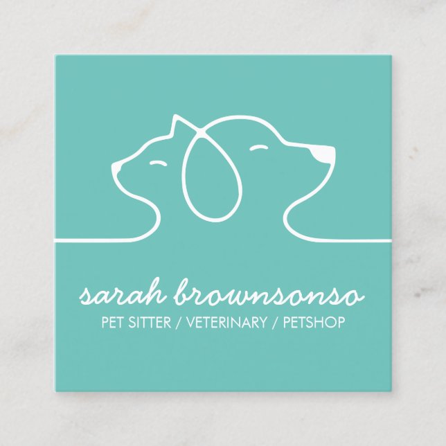 Green Stylish Line Cat Dog Simple Pet Square Business Card (Front)
