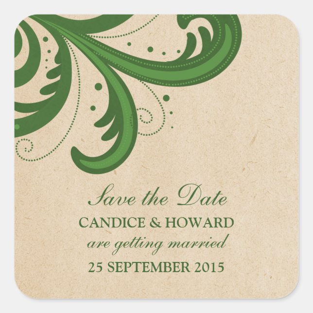 Green Stylish Swirls Save the Date Stickers (Front)