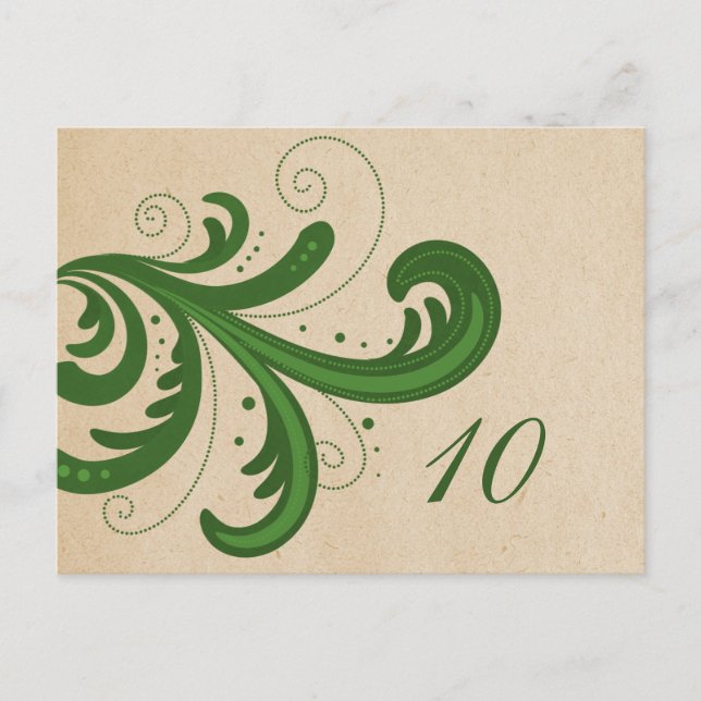 Green Stylish Swirls Table Number Postcard (Front)