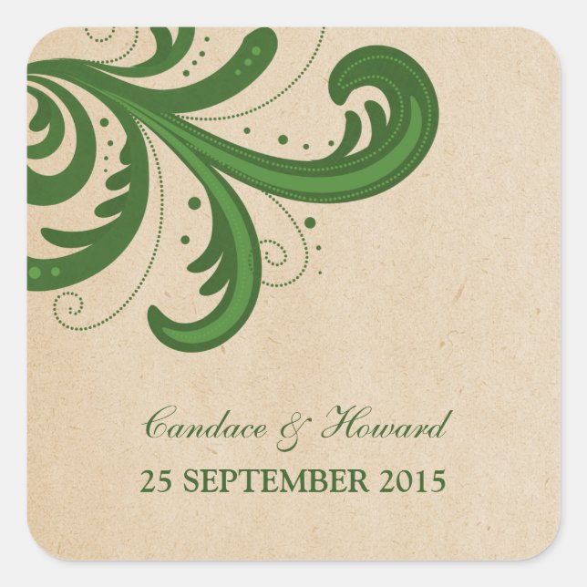 Green Stylish Swirls Wedding Stickers (Front)