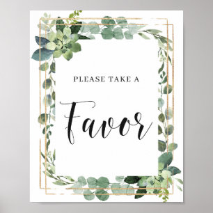Green Succulent Floral Leaves Gold Favours Sign