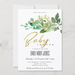 GREEN SUCCULENT FOLIAGE WATERCOLOR BABY SHOWER INVITATION