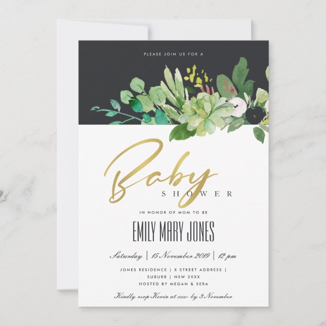 GREEN SUCCULENT FOLIAGE WATERCOLOR BABY SHOWER INVITATION (Front)