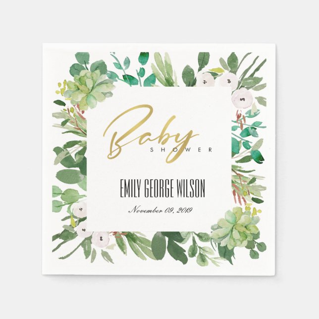 GREEN SUCCULENT FOLIAGE WATERCOLOR BABY SHOWER NAPKIN (Front)