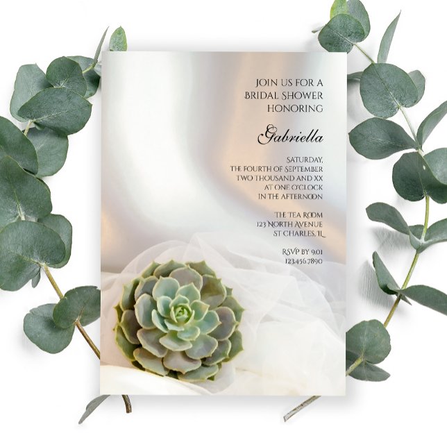 Green Succulent on White Bridal Shower Invitation (Creator Uploaded)