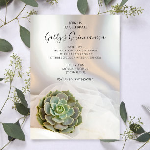 Green Succulent on White Quinceanera Party Invitation