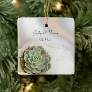 Green Succulent on White Wedding Ceramic Ornament