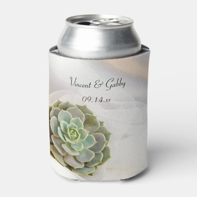 Green Succulent on White Wedding Favour Can Cooler (Can Front)