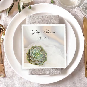 Green Succulent on White Wedding Napkin
