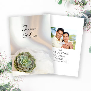 Green Succulent on White Wedding Save The Date