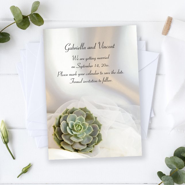 Green Succulent on White Wedding Save the Date Invitation (Creator Uploaded)