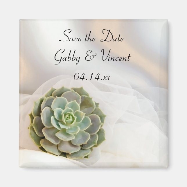Green Succulent on White Wedding Save the Date Magnet (Front)