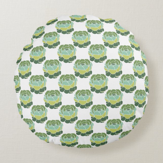 Green Succulent Plant Pattern Boho Round Pillow (Front)