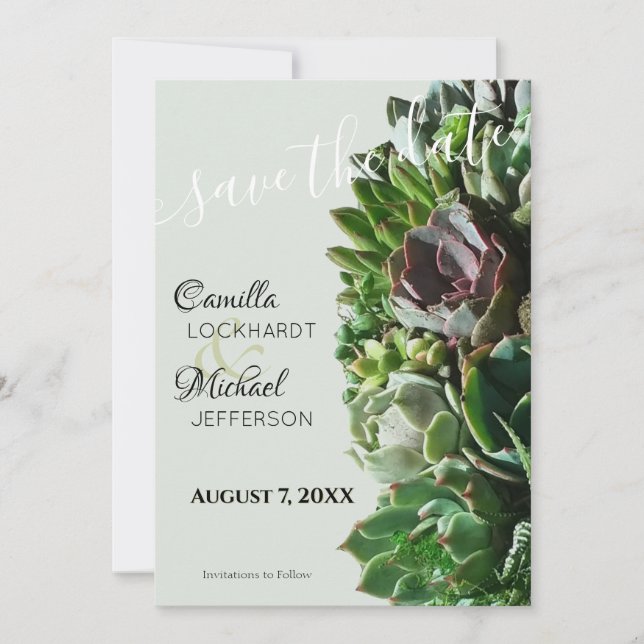 Green Succulent Wedding Save the Date Invitations (Front)