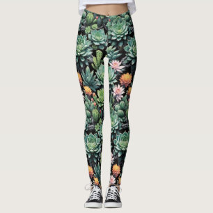 Green Succulents and Blooming Cactus Flowers Black Leggings