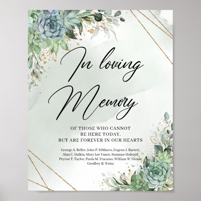 Green succulents eucalyptus In loving memory sign (Front)