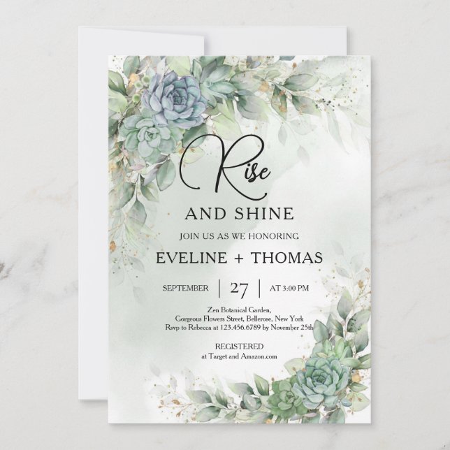 Green succulents eucalyptus leaves rise and shine invitation (Front)