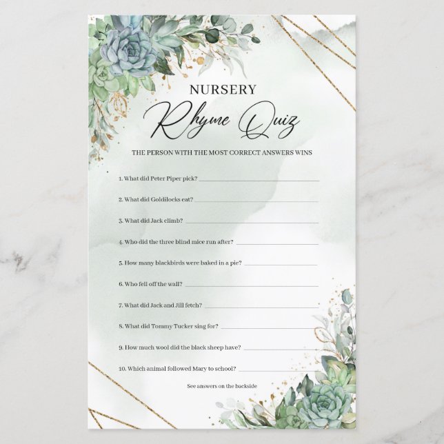 Green succulents eucalyptus Nursery Rhyme Quiz (Front)