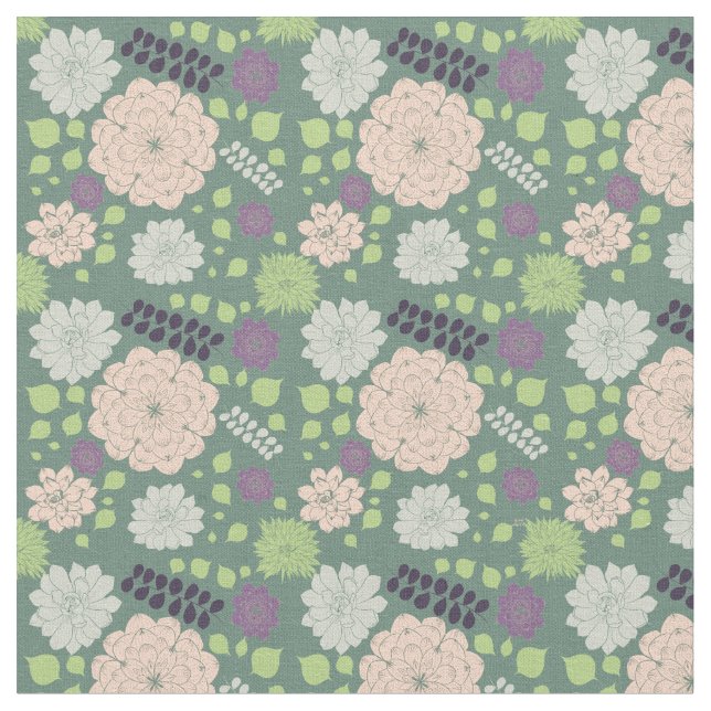 Green Succulents Floral Pattern Fabric (Close Up)