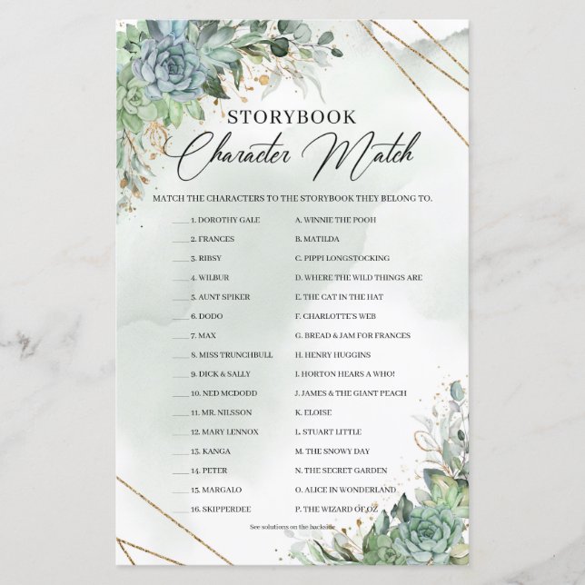 Green succulents flowers Storybook Character Match (Front)