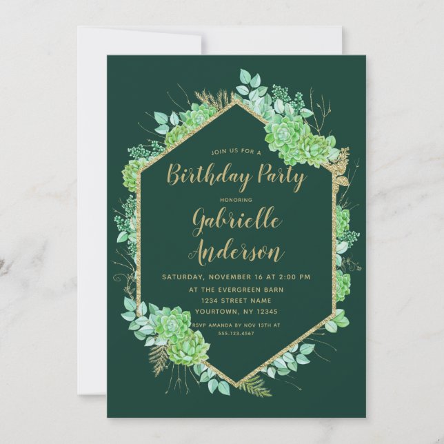 Green Succulents Gold Birthday Party Invitation (Front)