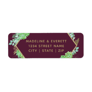 Green Succulents Gold Frame Wedding Return Address Label