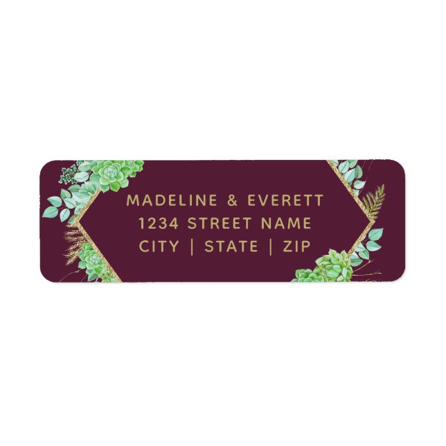 Green Succulents Gold Frame Wedding Return Address Label (Front)