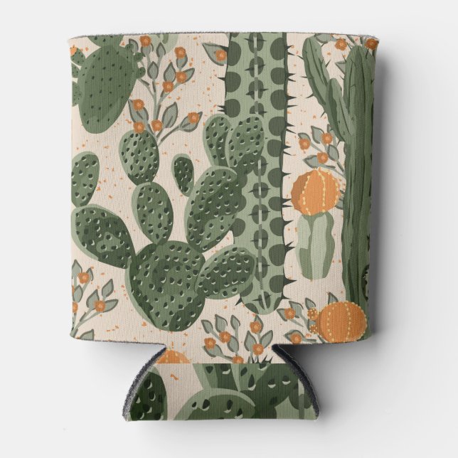 Green succulents, orange flowers, beach wallpaper. can cooler (Front)