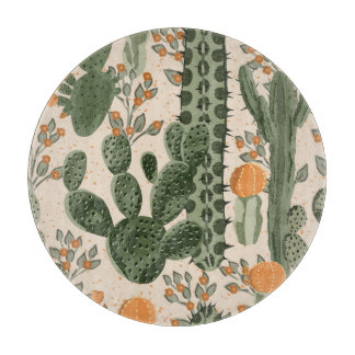 Green succulents, orange flowers, beach wallpaper. cutting board