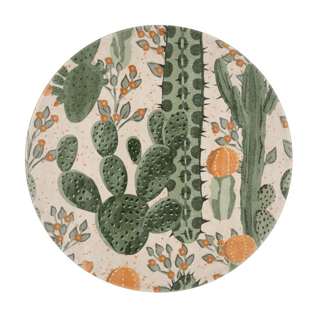 Green succulents, orange flowers, beach wallpaper. cutting board (Front)