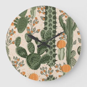 Green succulents, orange flowers, beach wallpaper. large clock