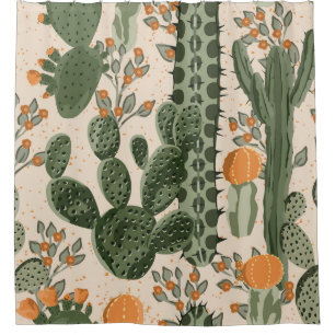 Green succulents, orange flowers, beach wallpaper. shower curtain