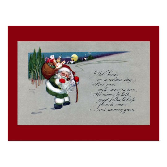 Green Suited Santa Hikes Up Hill Vintage Christmas Postcard