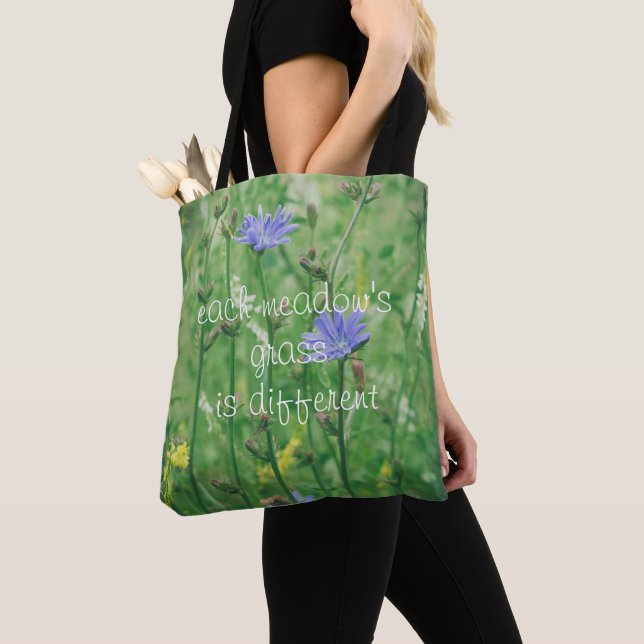 Green summer meadow with blue flowers  tote bag (Close Up)