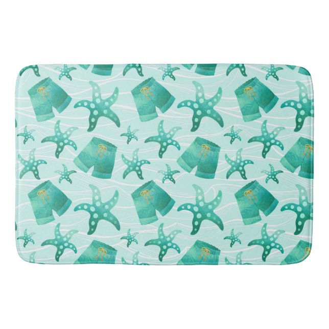 GREEN SUMMERTIME STARFISH & BATHING TRUNKS BATH MAT (Front)