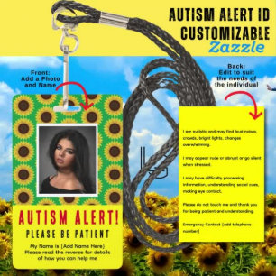 Green Sunflower Autism Alert Photo ID and NEEDS  Badge